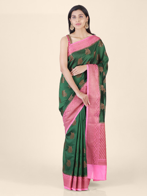 

Shruti and Mangaaysh Green & Pink Silk Blend Woven Design Handloom Banarasi Saree