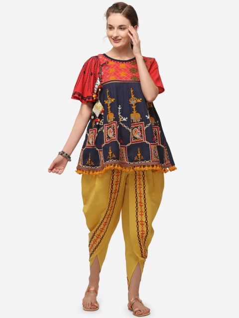 

Mesmora Women Navy Blue & Yellow Organic Cotton Embellished Kedia with Dhoti Pants