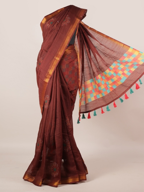 

Pothys Brown Printed Linen Blend Saree