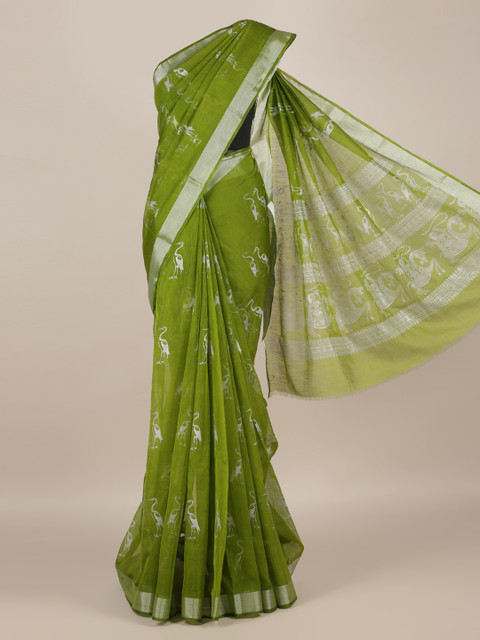 

Pothys Olive Green & White Linen Blend Printed Saree
