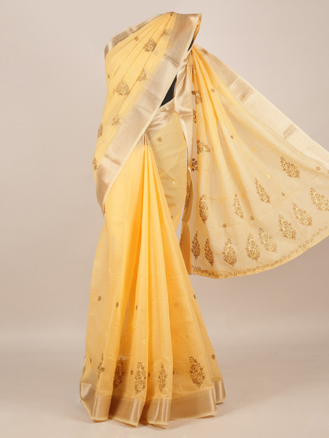 

Pothys Yellow & Gold-Toned Cotton Blend Embroidered Saree