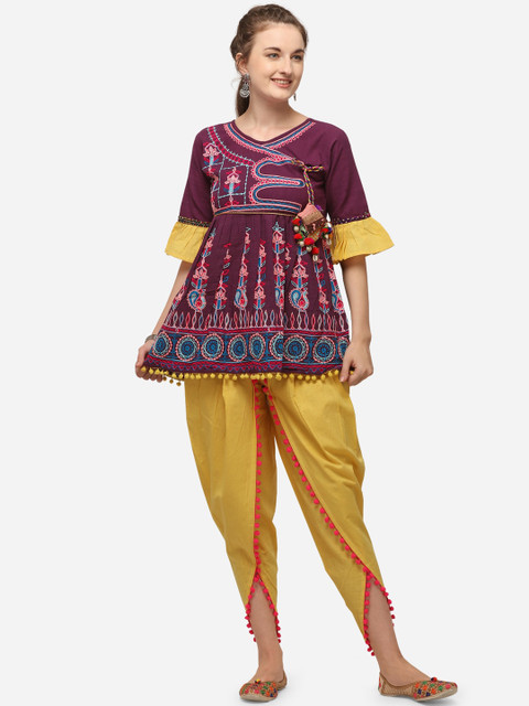 

Mesmora Women Purple & Yellow Embellished Organic Cotton Kedia with Dhoti Pants