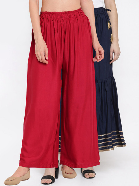 

TAG 7 Women Pack of 2 Blue & Gold-Toned Hem Design Flared Palazzos