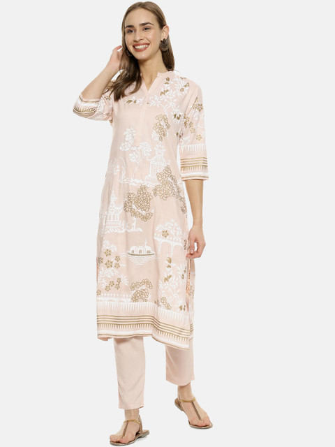 

Instafab Women Peach-Coloured Printed Kurta with Trousers