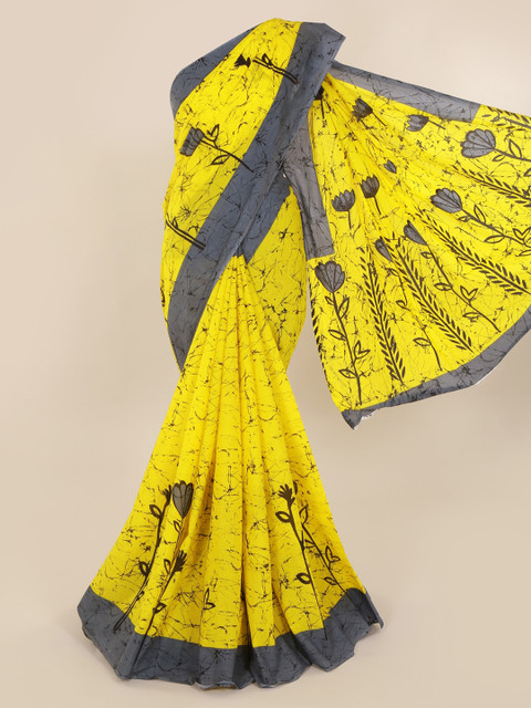 

Pothys Yellow & Grey Pure Cotton Colourblocked Saree