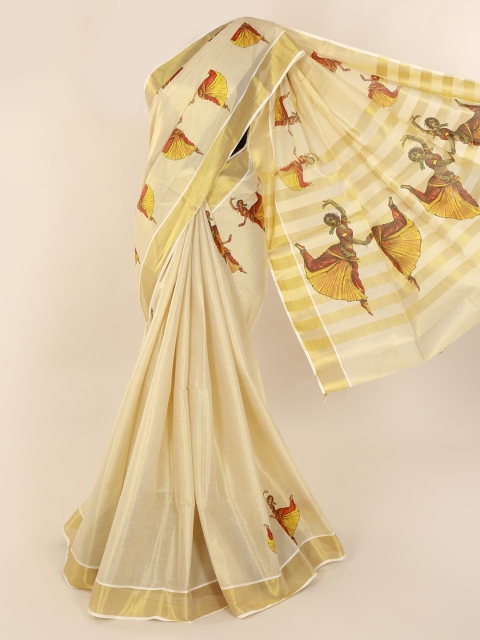 

Pothys Gold-Toned & Cream-Coloured Pure Cotton Printed Saree