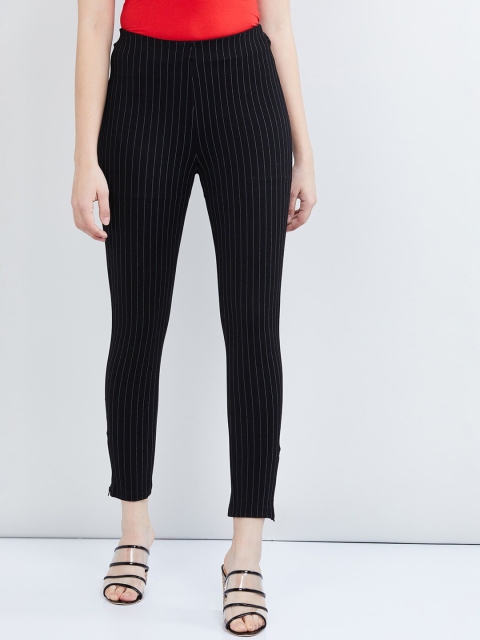 

max Women Black & White Skinny Fit Striped Regular Trousers