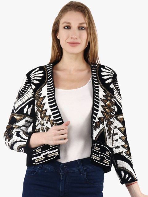 

Diwaah Women White & Black Sequin Embellished Open Front Velvet Jacket