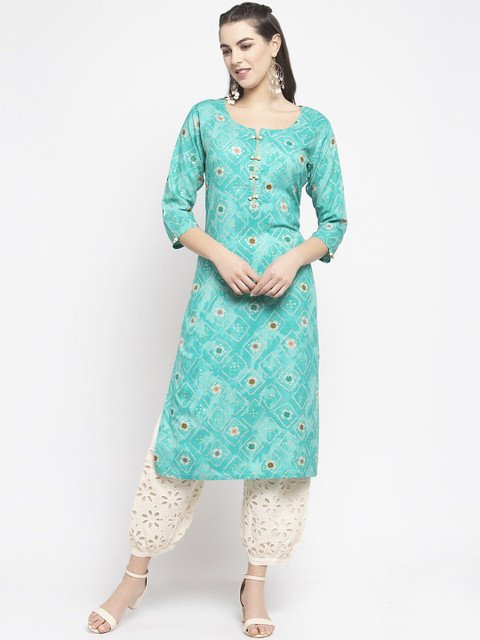 

KHALOM Women Turquoise Blue & Off-White Printed Kurta with Harem Pants