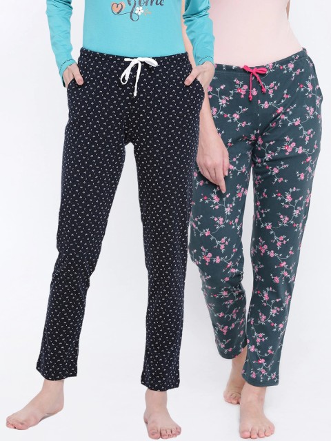 

Kanvin Women Pack Of 2 Green & Navy Blue Floral Printed Lounge Pants