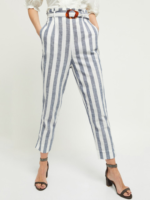 

max Women Cream-Coloured & Grey Skinny Fit Striped Regular Trousers