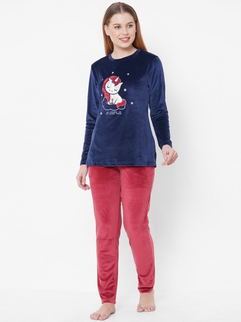 

Sweet Dreams Women Navy Blue & Red Printed Night suit