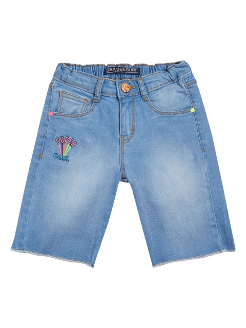 

VITAMINS Girls Blue Solid Embroidered Regular Fit Denim Shorts