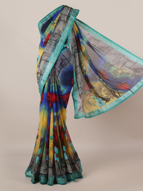 Pothys Blue Printed Poly Georgette Saree