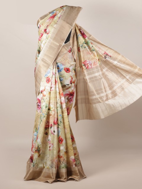 

Pothys Cream-Coloured & Pink Jute Silk Printed Saree