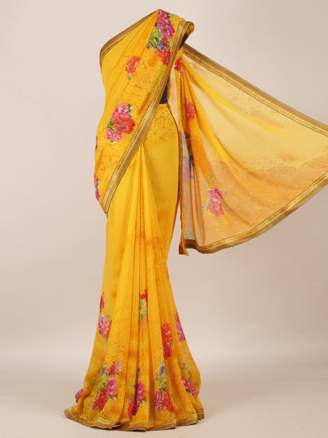 

Pothys Yellow & Pink Poly Georgette Floral Printed Saree