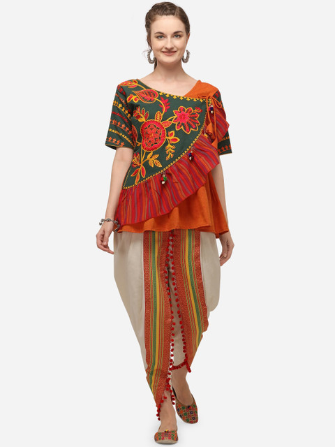 

Mesmora Women Orange & Off-White Embellished Organic Cotton Kedia with Dhoti Pants