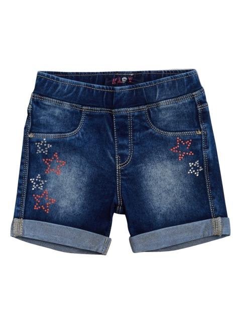 

VITAMINS Girls Navy Blue Washed Embellished Regular Fit Denim Shorts