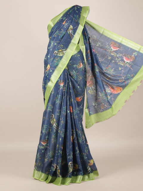 

Pothys Navy Blue & Lime Green Linen Blend Printed Saree