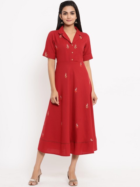 

BUYCLARA Women Red Embroidered Cotton Shirt Dress