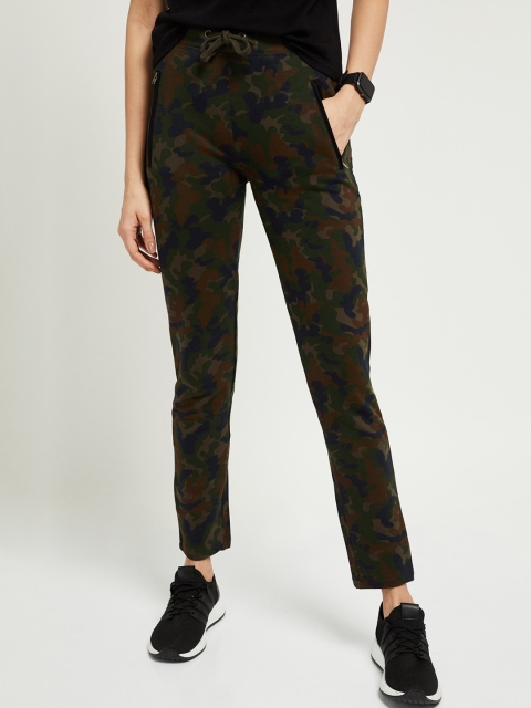 

max Women Green & Brown Camouflage Printed Slim-Fit Track Pants