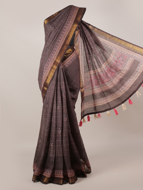 

Pothys Brown Printed Linen Blend Saree