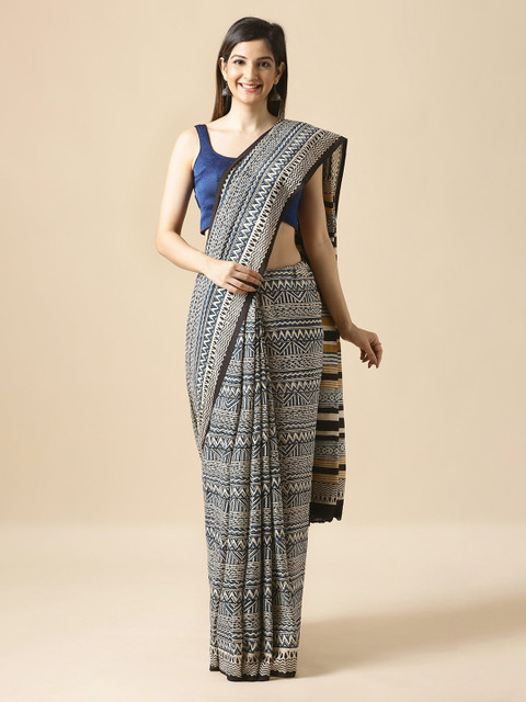 

Taneira Navy Blue & Cream-Coloured Pure Cotton Printed Bagru Saree
