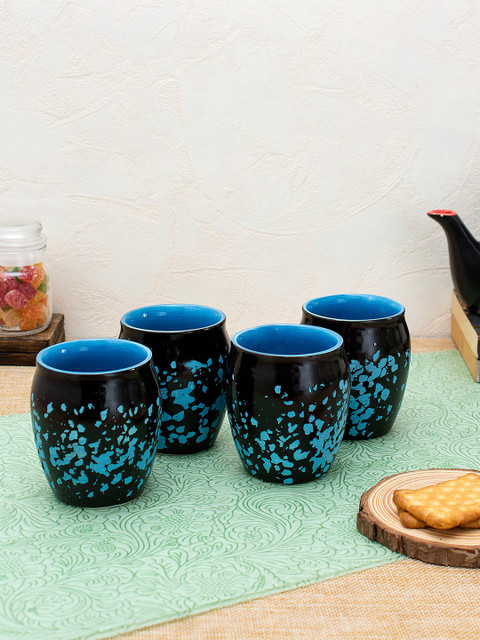 

WISHTANK Black & Blue 4 Pcs Textured Ceramic Kulladhs Set
