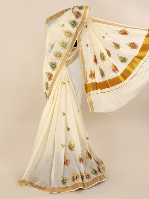 

Pothys Cream-Coloured & Gold-Toned Pure Cotton Printed Kasavu Saree