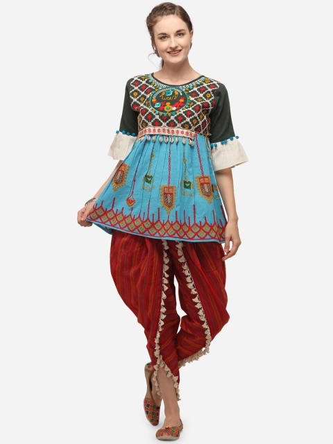 

Mesmora Women Blue & Red Embellished Organic Cotton Kedia with Dhoti Pants