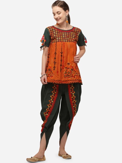 

Mesmora Women Orange & Grey Organic Cotton Embellished Kedia with Dhoti Pants