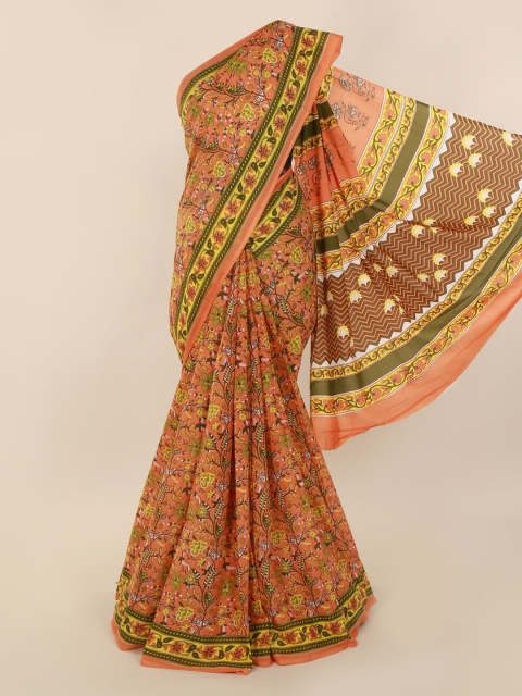 

Pothys Peach-Coloured & Yellow Pure Cotton Printed Saree