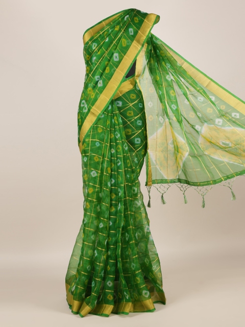 

Pothys Green Linen Blend Printed Bandhani Saree