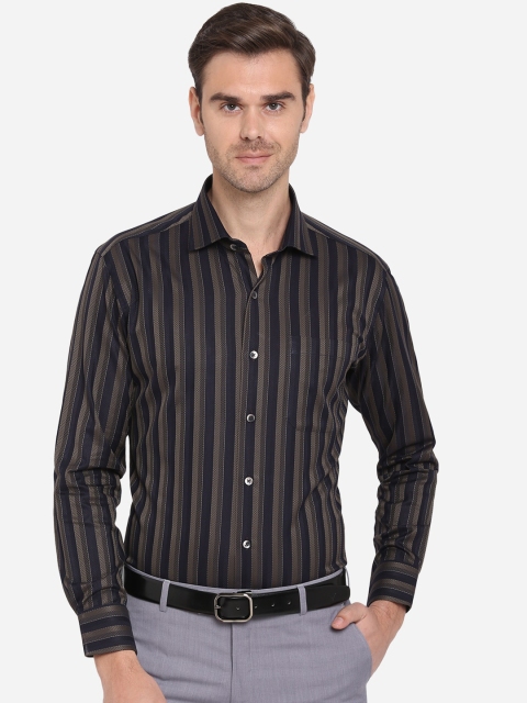 METAL Men Black & Brown Slim Fit Striped Formal Shirt
