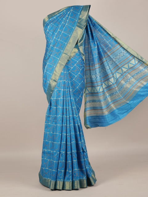 

Pothys Blue Printed Jute Silk Saree with Zari Border