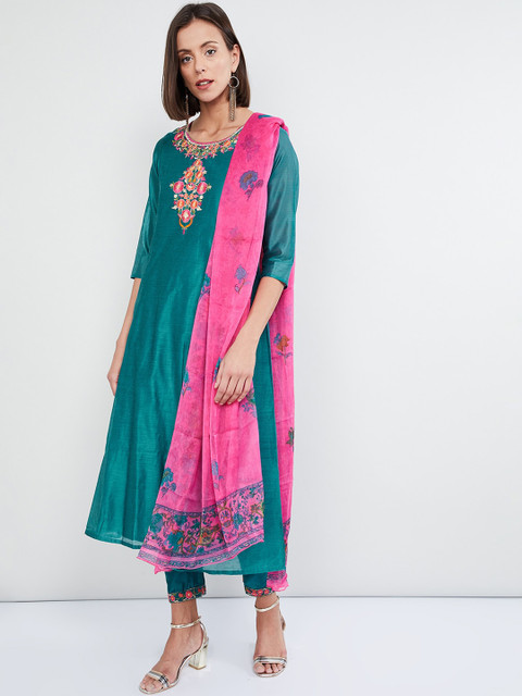 

max Women Green Embroidered Kurta with Trousers & Dupatta