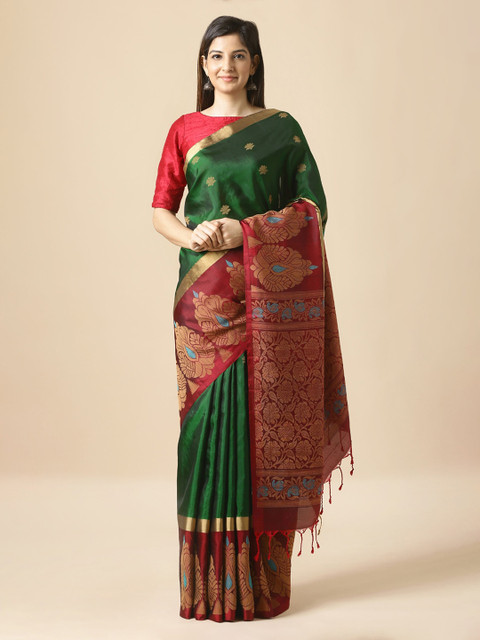 

Taneira Green & Red Pure Silk Woven Design Saree