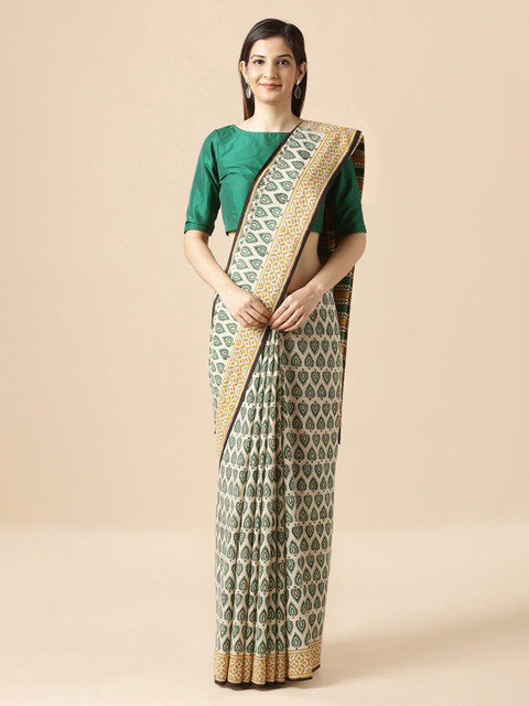 

Taneira Off-White & Green Pure Cotton Printed Bagru Saree