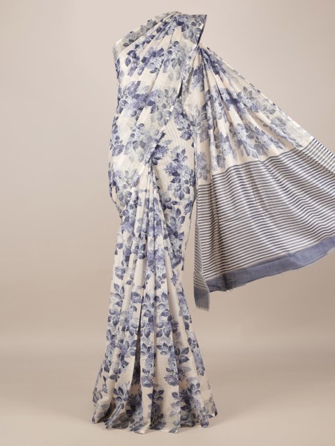 

Pothys Cream-Coloured & Blue Linen Blend Printed Saree