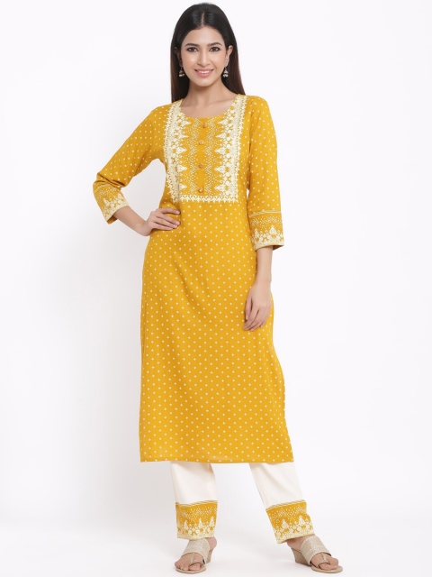 

kipek Women Mustard & White Printed Kurti with Trousers
