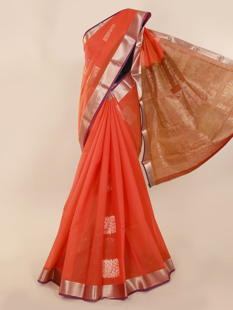

Pothys Orange & Silver-Toned Silk Cotton Woven Design Saree