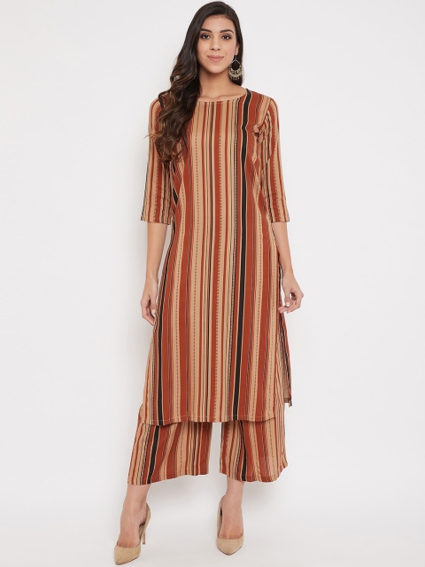

U&F Women Beige & Brown Striped Straight Kurta