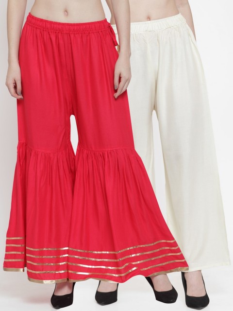 

TAG 7 Women Coral & Gold-Toned Hem Design Flared Palazzos Pack of 2