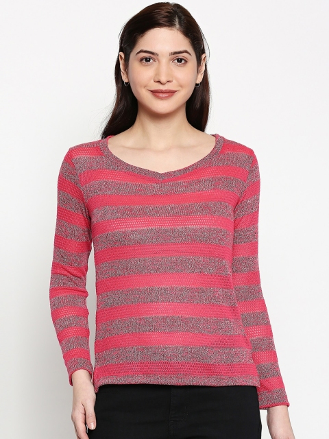 

inocenCia Women Fuchsia Pink & Grey Striped Round Neck T-shirt