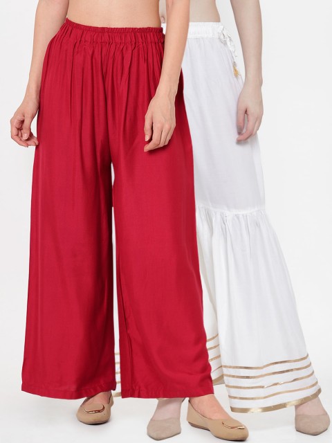

TAG 7 Women Pack of 2 White & Maroon Solid Flared Palazzos