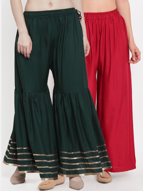 

TAG 7 Women Green & Maroon Solid Flared Palazzos Combo of 2