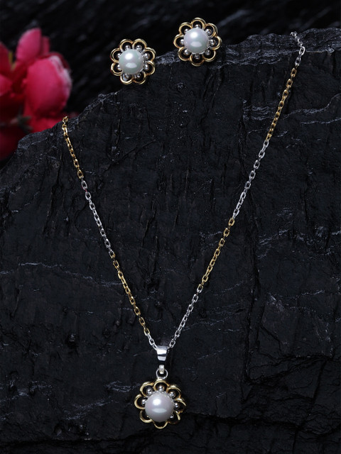 

Clara 92.5 Sterling Silver Rhodium-Plated White Pearl & CZ-Studded Jewellery Set, Gold
