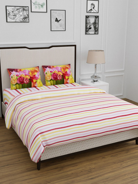 

BOMBAY DYEING White & Pink Striped Cotton 120 TC Double Queen Bedding Set