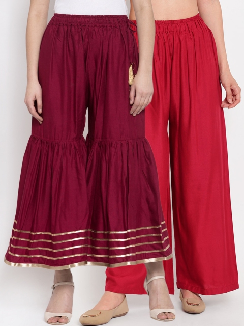 

TAG 7 Women Burgundy & Maroon Solid Flared Palazzos Combo of 2