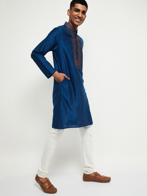 max Men Blue Yoke Design A-Line Kurta
